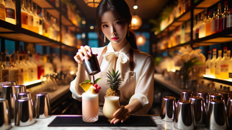 피나 콜라다 만드는 여성바텐더