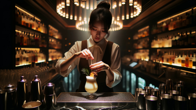 피나 콜라다 만드는 여자 바텐더